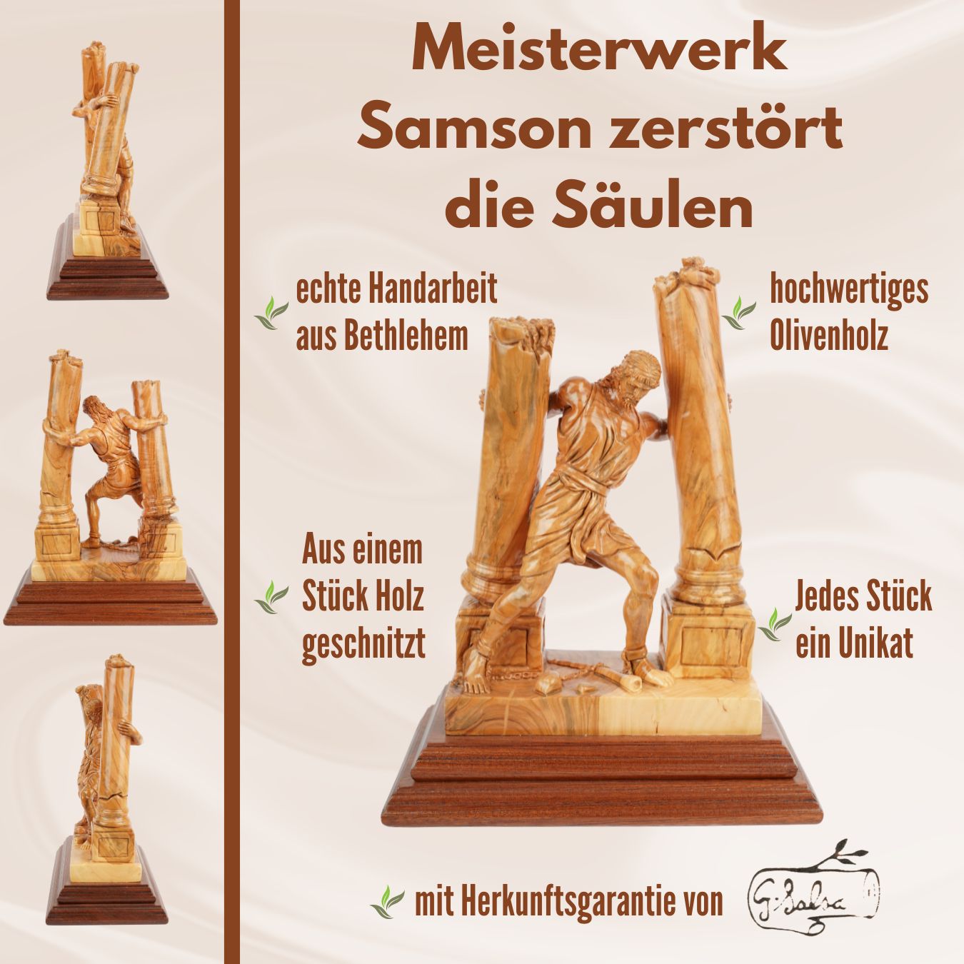 Handgeschnitzte Skulptur „Samson zerstört die Säulen“ – Olivenholzkunst aus Bethlehem (28 cm)-4